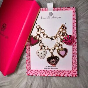 House of Harlow 1960 Gold and Pink Heart Charm Bracelet